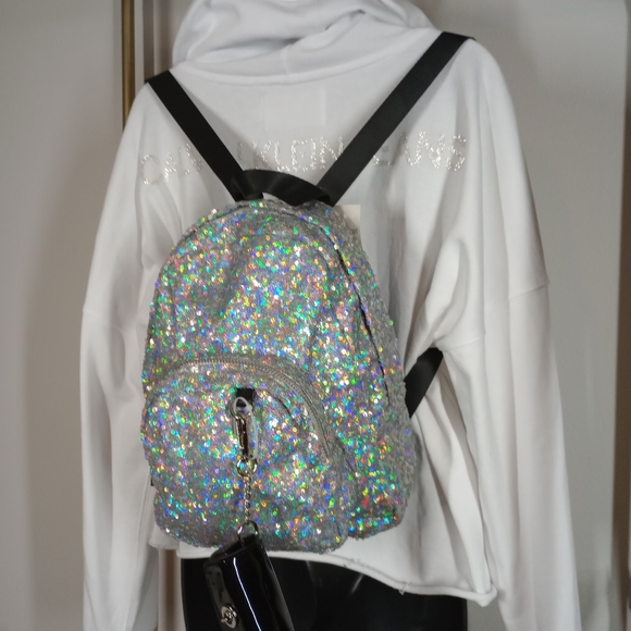 Madden Girl Multifaceted Sequin Backpack with Black Patent Leather key Chain - Picture 11 of 17